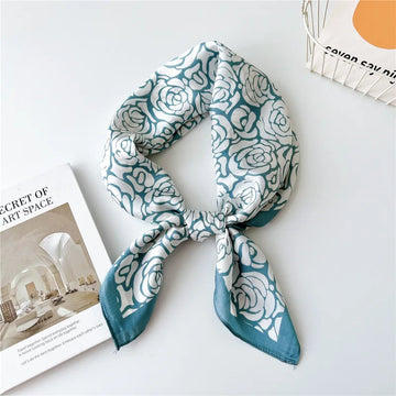 丝巾女Luxury Rose Flowers Print Satin Silk Square Scarf for Women Hair Bands Ribbon Neck Tie Bandana Lady Kerchief Shawl Wrist Wrap