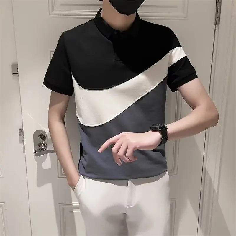 POLO男TrendyArtistic New Spring Season Polo Shirt Men's Fashionable Color Block Simple Design Casual Style For Young Adults