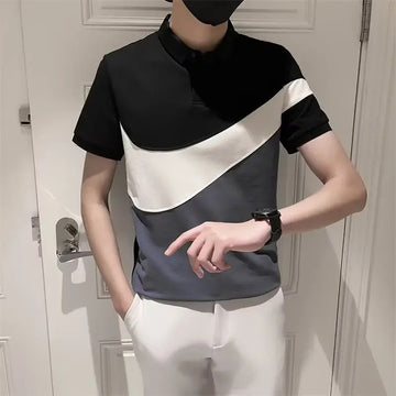 POLO男TrendyArtistic New Spring Season Polo Shirt Men's Fashionable Color Block Simple Design Casual Style For Young Adults