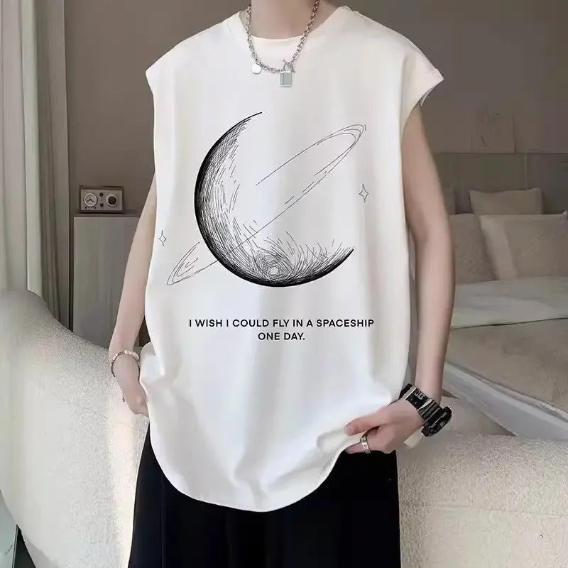 男士背心American Style Sporty Tank Top Men's Sleeveless High Street Hip Hop Short Sleeve T-Shirt Casual Fashion Sensation
