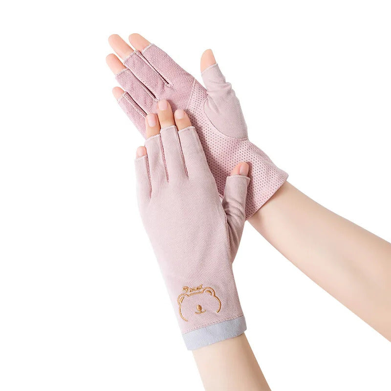防晒手套女Summer Women Cotton Sunscreen Touch Screen Anti-UV Non-Slip Breathable Cute Lovely Drive Cycling Half Finger Gloves