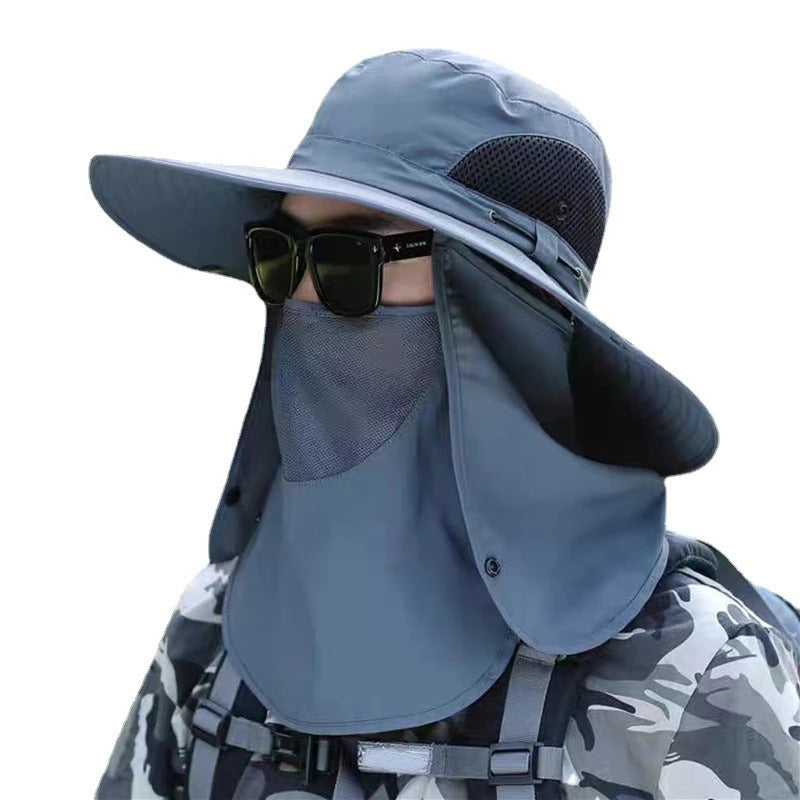 防晒帽男UPF50+ Fishing hat Sun shading large eaves mountain climbing mask mesh breathable outdoor UV protection detachable full face