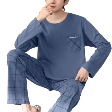 睡衣男Spring Autumn Knitted  Long Sleeved Men's Pajamas Sets Male Pajama Set Letter Pajama For Men Plaid Sleepwear Suit Homewear 3XL