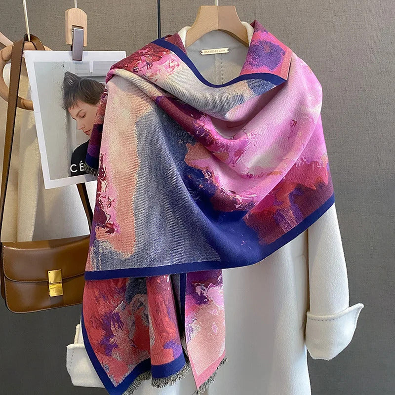 丝巾女New Retro Oil Painting Print Winter Cashmere Scarf Women Warm Thick Shawls Wraps Pashmina Office Fashion Bufandas Poncho Echarpe