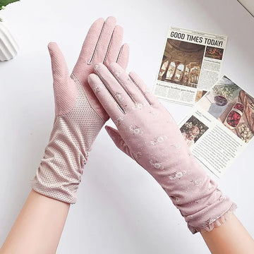防晒手套女UV Protection Summer Gloves for Women Breathable Thin Cotton Mid-length Driving Bike Anti-slip Touch Screen White Outdoor Gloves