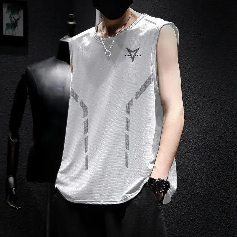 男士背心Ice Silk Vest Men's Summer Quick Dry Sleeveless Mesh T-Shirt Large Size Loose Sports Hurdle Running Shorts Vest Casual Wear