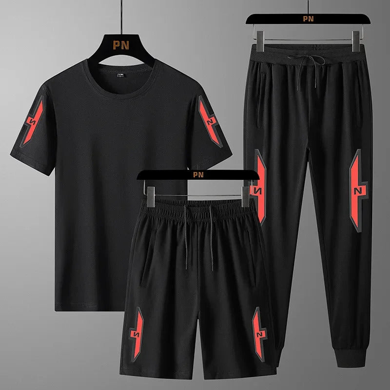 男士套装Summer Cotton Short Sleeves Men's Three-piece Suit Outdoor Sports Casual Student New Trendy Top Pants Young Men Fashion