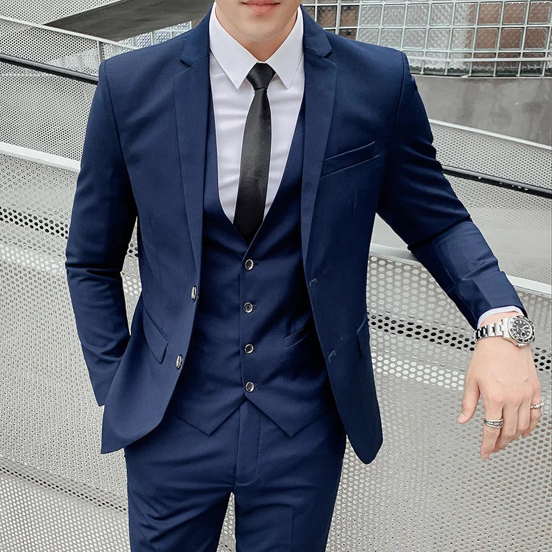 商务装男High-quality Men's Solid Color Suit (suit + Vest + Trousers) The New Fashion and Handsome Banquet Smart Casual 3/2 Piece Set