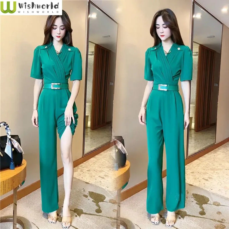 商务装女Temperament Fashion Jumpsuit 2023 Spring/Summer Korean Version New Short Sleeve Fashionable Waist Slim Wide Leg Jumpsuit