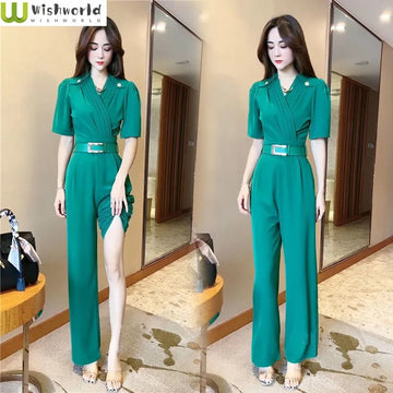 商务装女Temperament Fashion Jumpsuit 2023 Spring/Summer Korean Version New Short Sleeve Fashionable Waist Slim Wide Leg Jumpsuit
