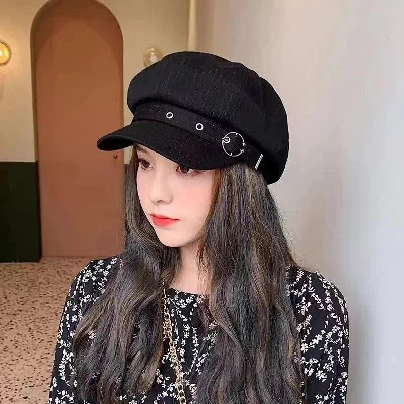 帽子女Autumn and Winter Women's Hat Octagonal Duck Tongue Baseball Artist Hat Retro Fashion Cotton Rivet British Cap