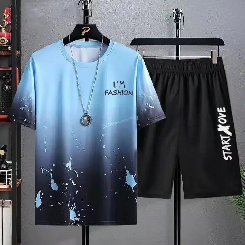 男士套装Men's Casual Sports Suit 2024 Summer New Style Cool Matching Shorts Korean Version Loose-fit Ice Silk Short Sleeves
