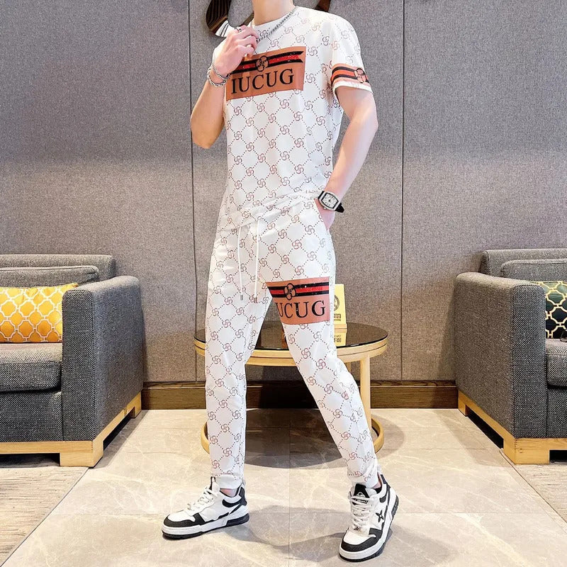 男士套装Casualsuit Men's Summer Stylish Matching New Korean Version Youth Trendy Fashion Sports Printed Short Sleeves 2-Piece Set