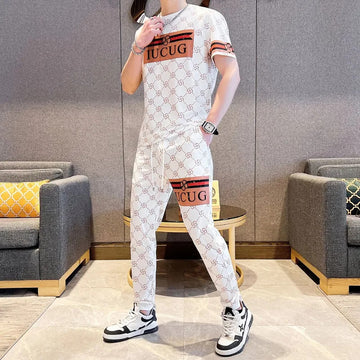 男士套装Casualsuit Men's Summer Stylish Matching New Korean Version Youth Trendy Fashion Sports Printed Short Sleeves 2-Piece Set