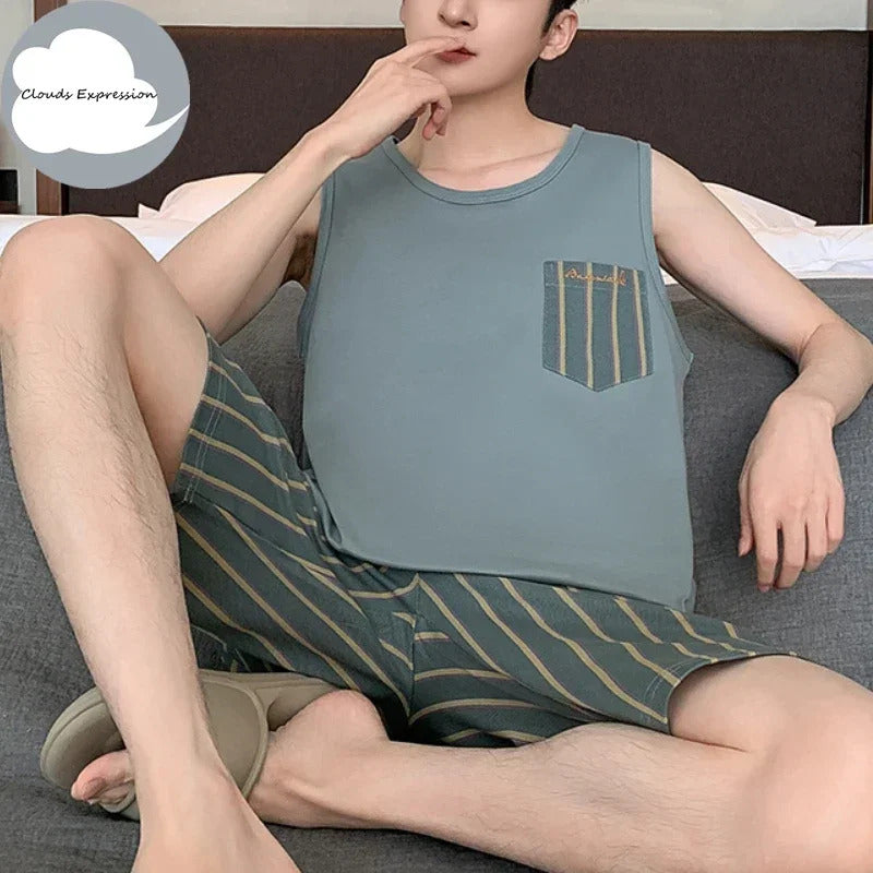 睡衣男Summer Faux Cotton Plaid Mens Pyjamas Plus 4XL Sleeveless Pajama Sets Pjs Lounge Masculine Sleepwear Nightwear Pijamas Homewear