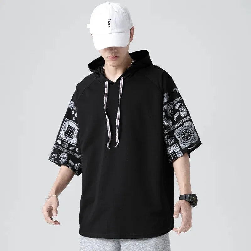 T恤男Summer Men's Short Sleeve T-Shirt Oversized Loose Fit Trendy Brand Hooded T-Shirt Crew Neck Other Material