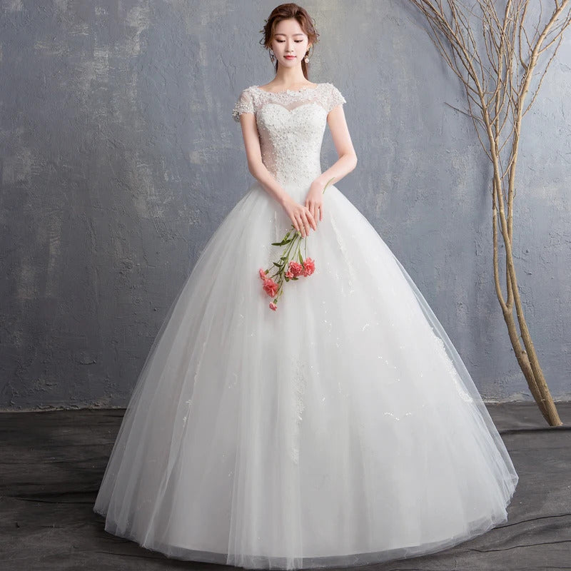礼服女Cheap New O Neck Wedding Dress Pluse Size Lace Appliques With Cap Sleeve Pearls Dreamlike Bride Ball-Gowns Vestido De Noiva