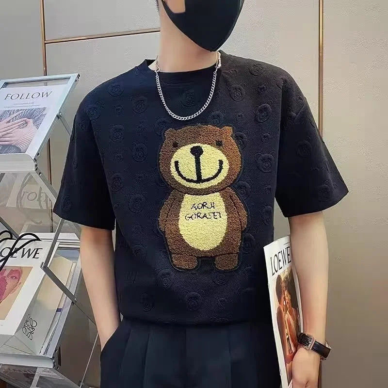 T恤男Men Short Sleeve T-shirt Loose Round Neck Half Sleeve White T Summer Casual Trendy Top Adjustable Fit All Sizes