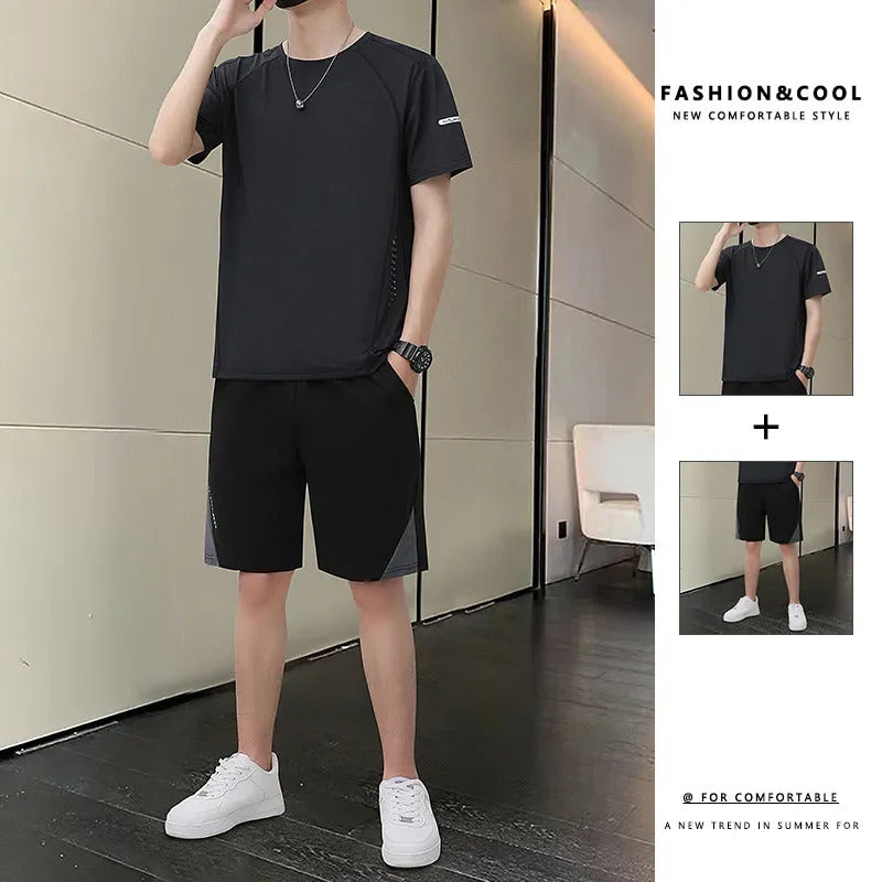 男士套装Quality Men's Sport Casual Suit Summer Ice Silk Short Sleeves Trendy Brand Men's Wear New Teenage Sportswear Set