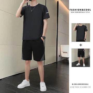 男士套装Quality Men's Sport Casual Suit Summer Ice Silk Short Sleeves Trendy Brand Men's Wear New Teenage Sportswear Set