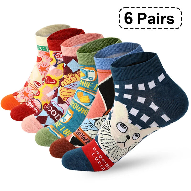6 pair/batch Fashion Cartoon cat Men's Short Socks Soft Breathable Cotton Casual Socks Male boat Socks Cotton women ankle Socks男士袜子