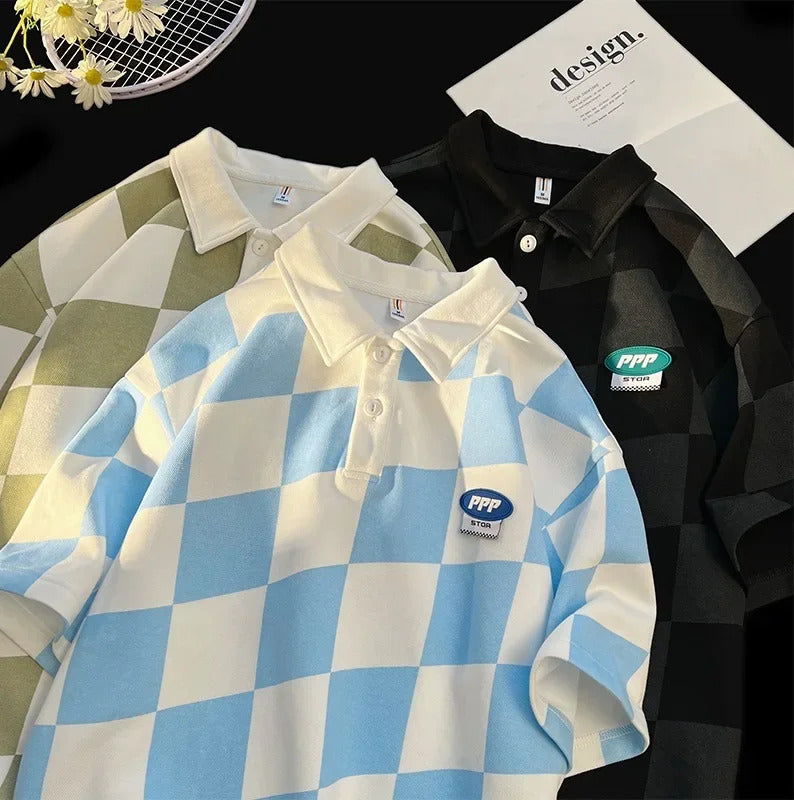 POLO男Vintage Preppy Style American Fashion Polo Shirt Men's Half Sleeve Casual Lapel Checkered Pattern T-shirt For Summer