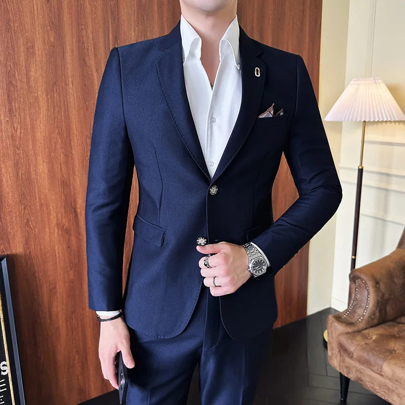 商务装男2023  New Two-button (suit + Trousers) High-end Men's Suit Solid Color Fashion Handsome Casual Slim Fashion Two-piece Suit