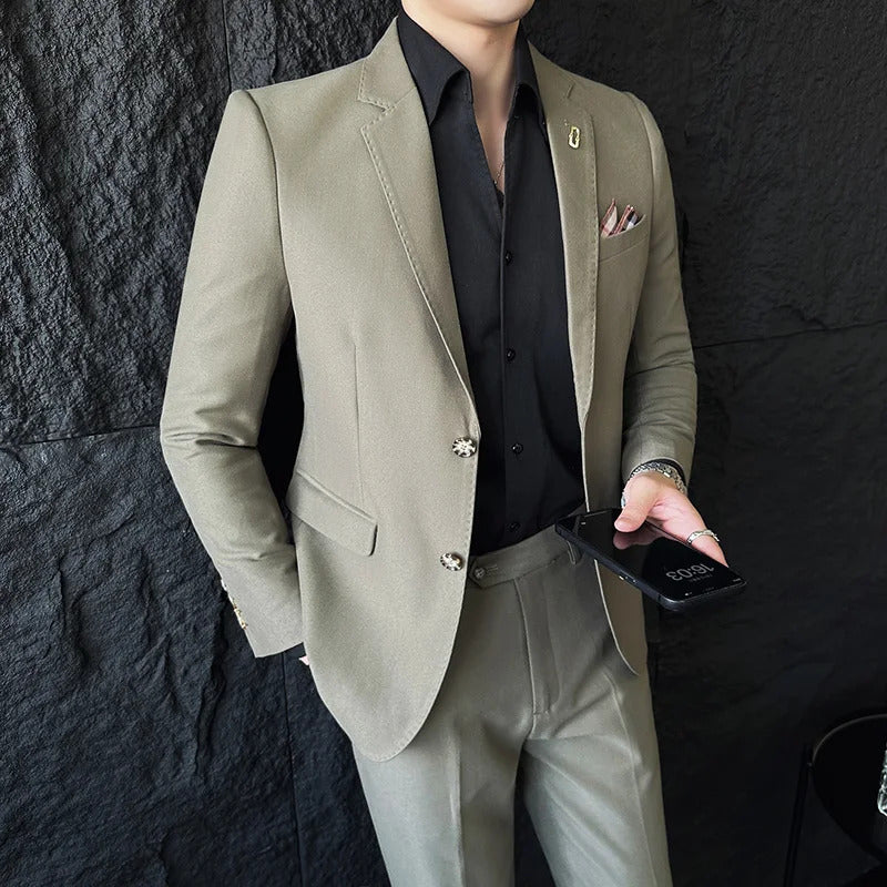 商务装男2023  New Two-button (suit + Trousers) High-end Men's Suit Solid Color Fashion Handsome Casual Slim Fashion Two-piece Suit