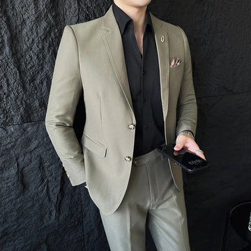 商务装男2023  New Two-button (suit + Trousers) High-end Men's Suit Solid Color Fashion Handsome Casual Slim Fashion Two-piece Suit