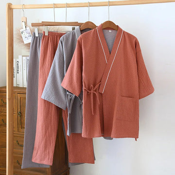 睡衣男2025 Spring/Summer New Japanese Kimono Set Couple 100% Cotton Men's and Women's Casual Loose Home Fur Two Piece Set Sleepwear