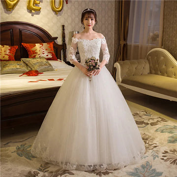 礼服女100% Real Photo Girl Wedding Dress 2025 New Half Sleeve Sweet Boat Neck Sexy Lace Gown Off The Shoulder Princess wholesale