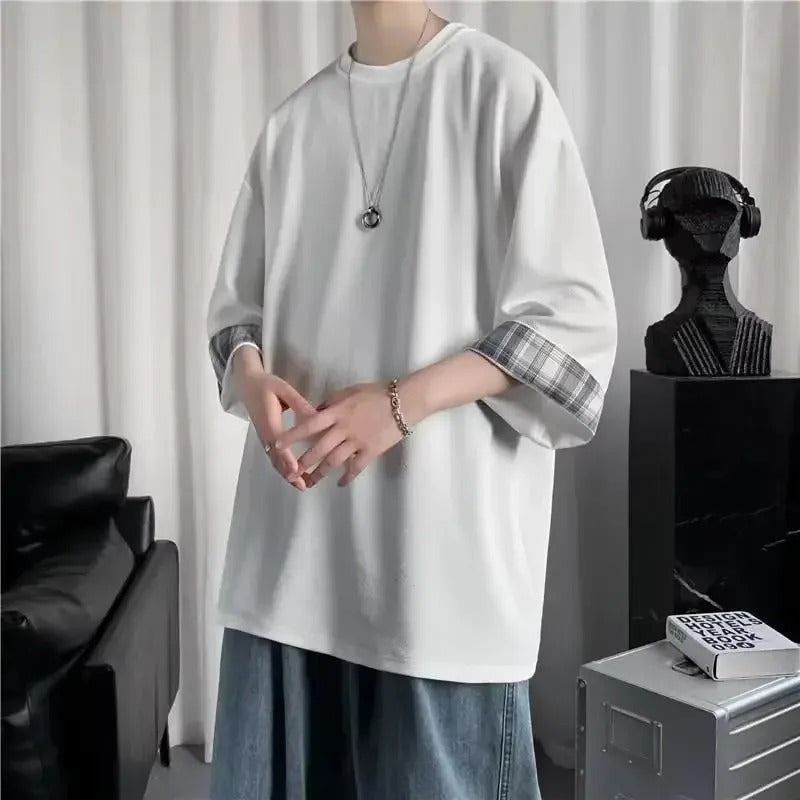 T恤男New Fashionable Summer Korean Style Short Sleeve T-shirt For Men Loose Fit Trendy Two-piece Illusion Half Sleeve Hong Kong Style