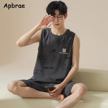 睡衣男Sleeveless Men Pajamas Summer Faux Cotton Pajama Sets for Man Cartoon Pjs Fashion Soft Sleepwear Fashion Vest Nightwear