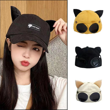 帽子女Cute Cat Ears Baseball cap Pilot Goggles Hip Hop Cap for girls Women Men‘winter hat funny friend gathering Costume