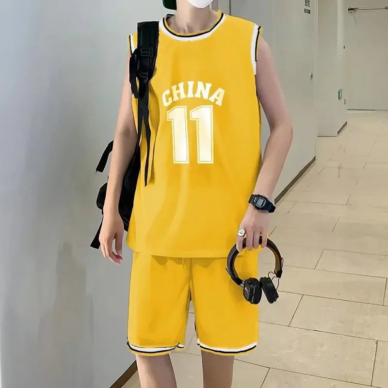 男士套装Summer Two-Piece Illusion Ball Cap Men's Loose-Fit Trendy Brand Students Short Sleeveless Quick Dry Sports Basketball Casual Sui