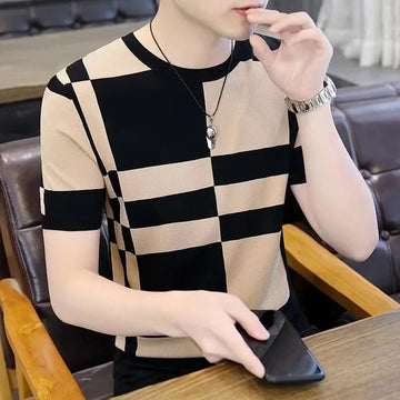 T恤男Summer Ice Silk Short Sleeve Men's Round Neck Korean Style Loose Fit Ice Sensation Half Sleeve Trendy Fashionable Men's Wear T-S