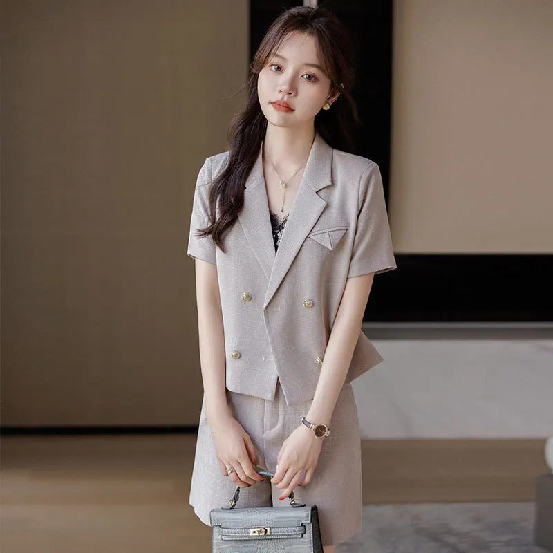 商务装女2024Summer New Style Apricot Professional Small Suit Collar Short Sleeve Jacket Women Shorts Two-Piece Set Simple Fashion