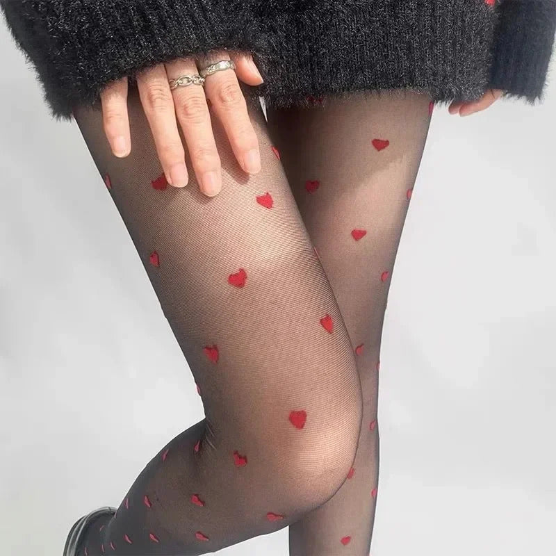 丝袜Pantyhose Woman Ultra thin Red Heart-shaped Dots Sexy Stockings Breathable Comfortable Long Black Stockings for Women