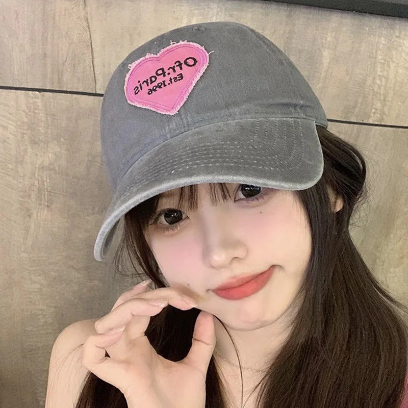 帽子女Women Sweet Heart Washed Cotton Lettes Baseball Cap Y2K Korean Snapback Sun Visor Hat Casual Outdoor Sports Dad Trucker Hats