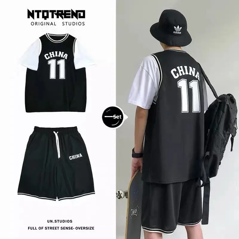 男士套装2024 Summer Men's Wear Student Sports Suit Trendy Short Sleeve T-shirt Ins Five Minute Pants Trendy Versatile Basketball Clothes