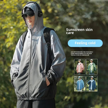 防晒衣男Men's Lightweight Ice Silk Breathable Sunscreen Clothes Loose Fit Trendy Anti-uv Hooded Sun Protection Jacket For Summer