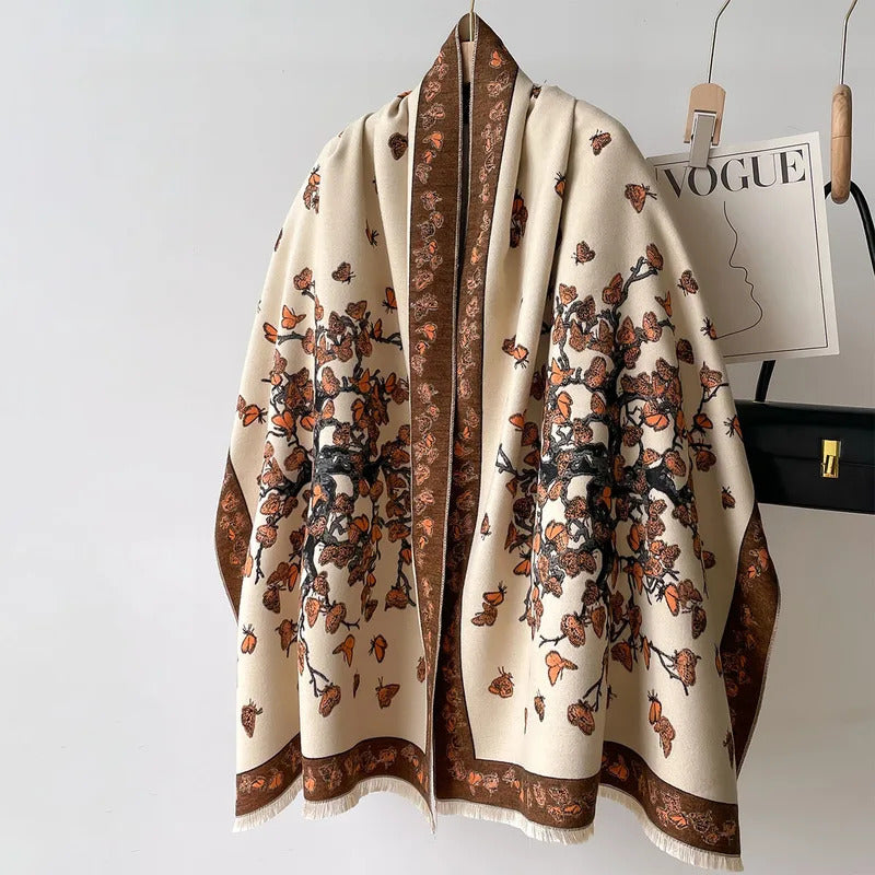 丝巾女New Floral Butterfly Print Cashmere Scarf Women Autumn Winter Warm Large Thick Wraps Shawls Lady Pashmina Bufanda Blanket Office