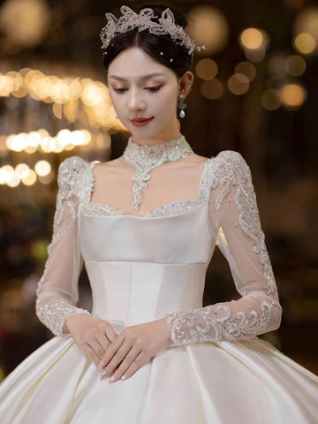 礼服女Satin French Wedding Dress 2023 New Bridal Long Sleeve Heavy Industry High Texture Bridal Gowns