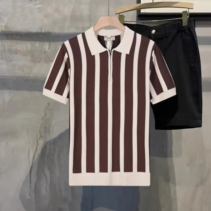 POLO男Summer Men's Knit Short Sleeve Polo Shirt Korean Style Slim Fit Casual T-shirt Base Layer Top Smooths Your Silhouette Versatile
