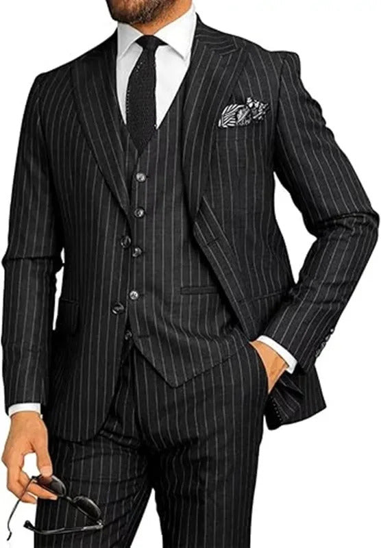 礼服男Men's Classic Formal Pinstripe Tuxedos Suits 3 Pieces Slim Fit Blazer Peak Lapel Two Button Groomsmen Wedding Dress  Business