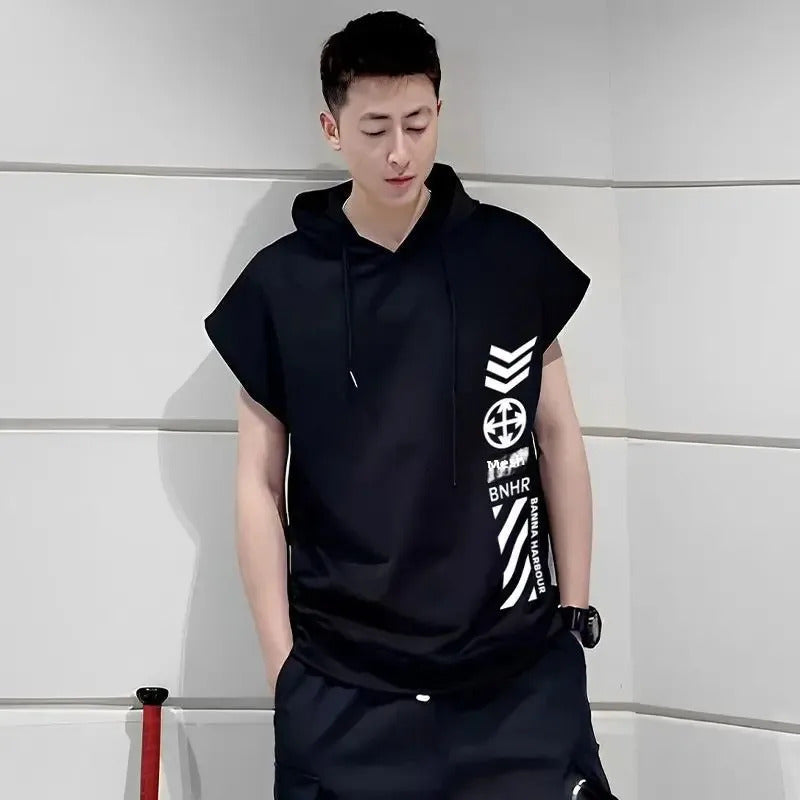 T恤男Summer Men's Sleeveless T-Shirt Hooded Loose-Fit Heavy Duty Chopping Sleeves Vest Trendy Male Sports Casual Shoulder Vest