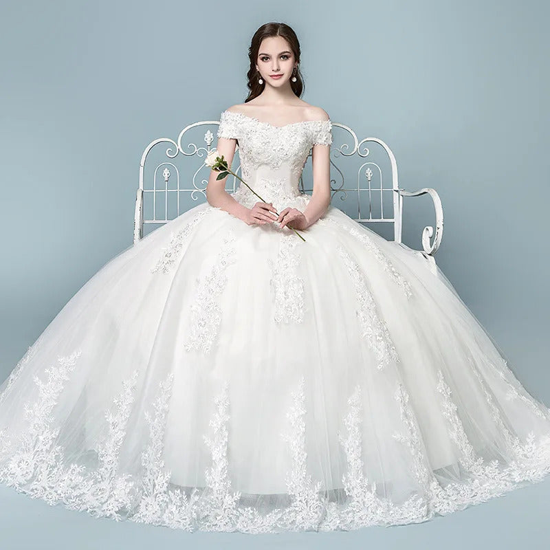 礼服女Y&M Novias Customized Boat Neck Wedding Dress 2025 New Spring Off The Shoulder Beautiful Dress Bridal Gown With Sleeve Plus Size