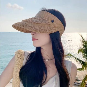 帽子女Straw Sun Hat Visor Beach  Tassels Hat Wide Brim  Roll up Packable for Women Holiday travel