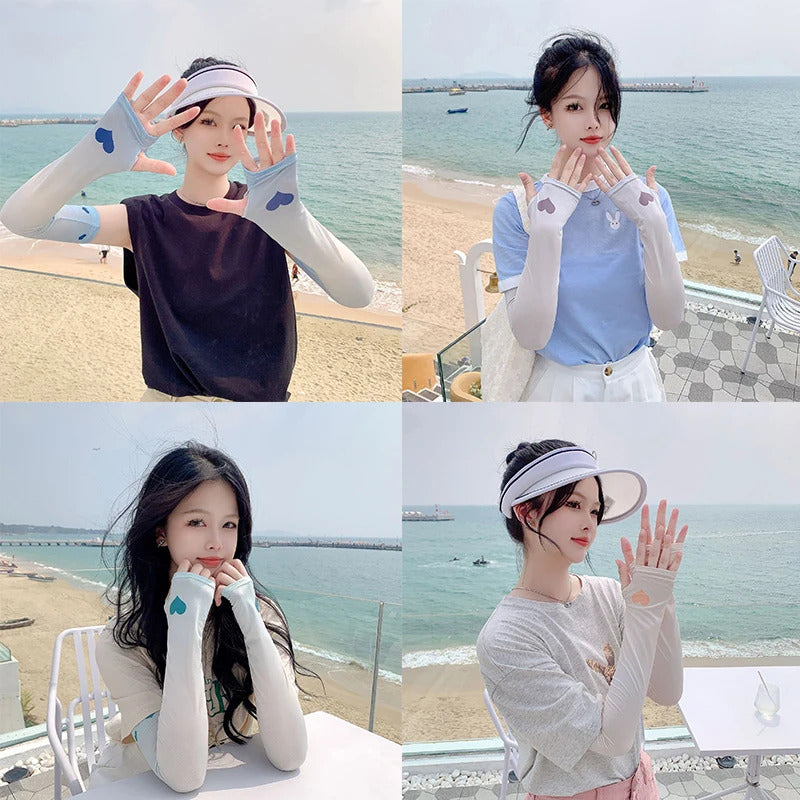 防晒冰袖女1Pair Heart Print Summer Sunscreen Sleeves Gradient Arm Protection Outdoor UV Protection Gloves Arm Cuff