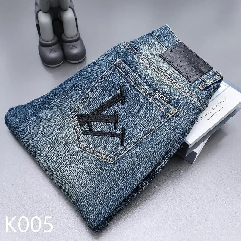 牛仔裤男2024 Spring New Men's Jeans Trendy Embroidered Bell Bottoms Loose Fit Casual European Style Fashion Youth Blue Stretch Denim
